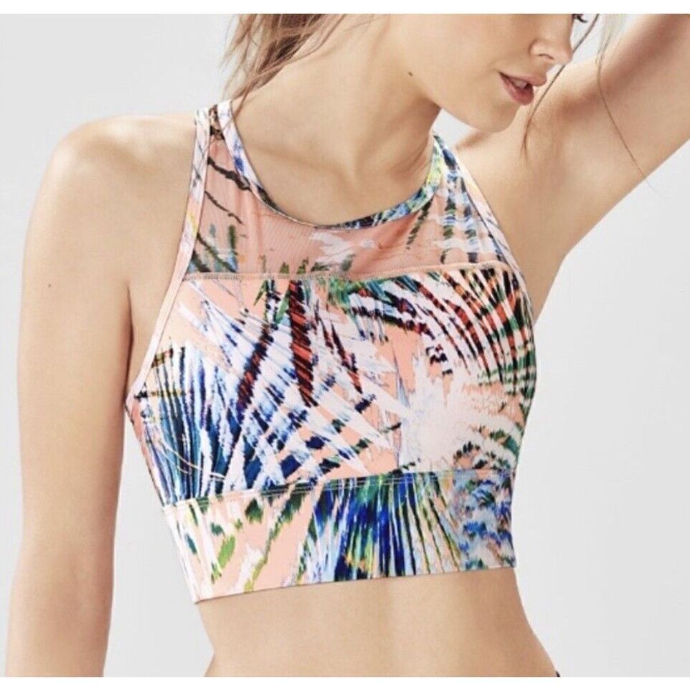 FABLETICS Womens Pink Marcia Racerback Sports Bra Marbella Tropical-Print Sz XS